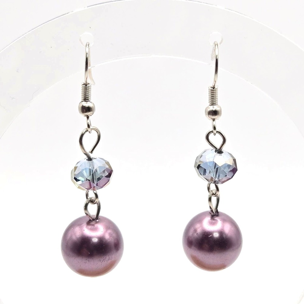 Gray Glass Faux Pearls and AB Glass Beads Silvertone Drop Dangle Hook Earrings‎